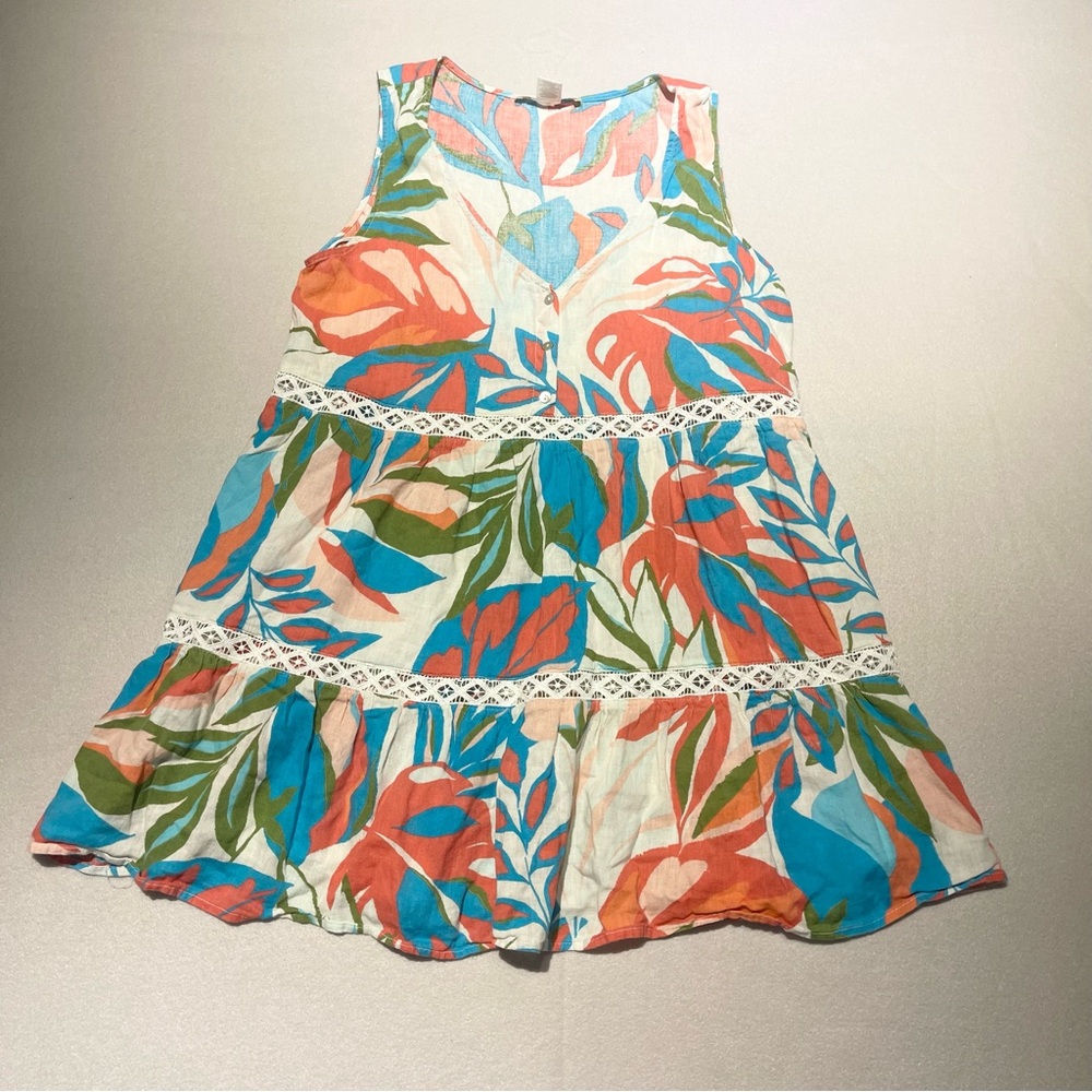 C&C California Linen Bright Multicolor Floral Croche Babydoll Tunic Medium